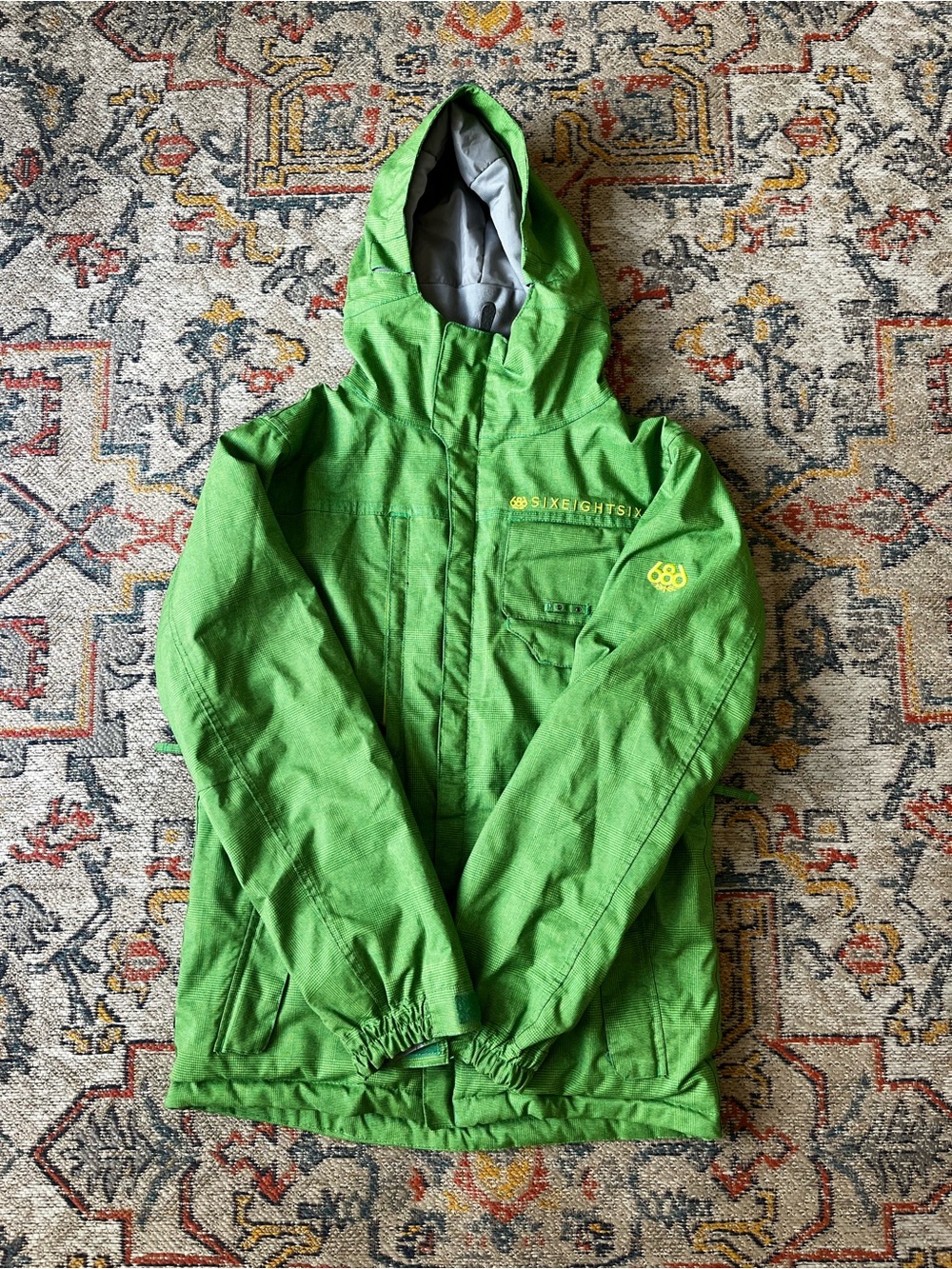 686 Neon Green Logo Snow Jacket with Multicolor Stripe Tag XS